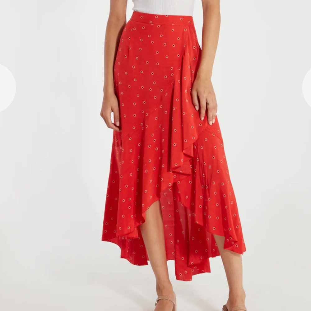 ASTR Nova Ruffle Midi Skirt Faux Wrap Zipper Closure Red Black White Size Large